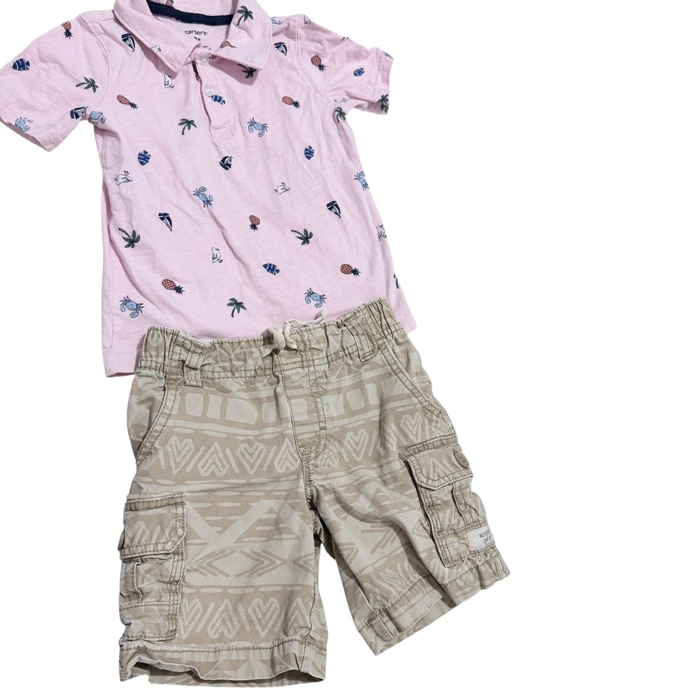 Carter's Toddler Boys Pink Tropical Polo and Tan Cargo Shorts Set 3T‎ Summer